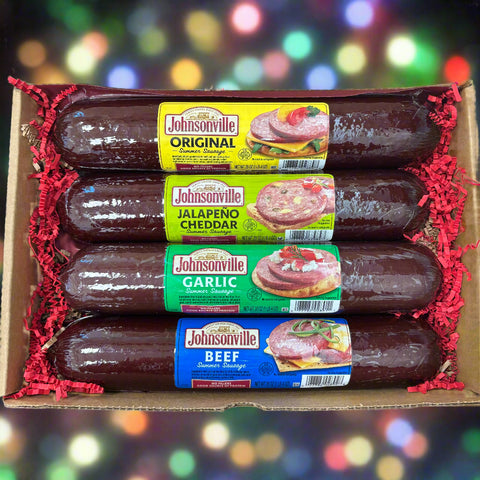 Box of Johnsonville sausages with different flavors on labels.