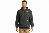Man wearing a black hoodie with a logo on a white background