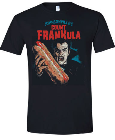 Black t-shirt with a graphic of a creature holding a hot dog and text 'Johnsonville's Count Frankula' on a white background.