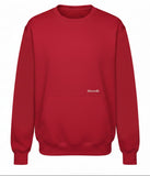 A red crewneck sweatshirt with a front kangaroo pocket, hanging on a wooden hanger against a plain white wall. The brand name 'Mammoth' is embroidered in white on the lower right chest.