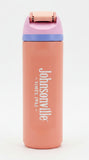 Pink water bottle with 'Johnsonville' branding on a desk