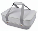 Gray carrying case with straps on a white background